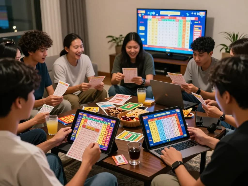 situs bandar togel singapore hongkong players enjoying a thrilling online lottery game in a vibrant home setting with colorful tickets and screens.