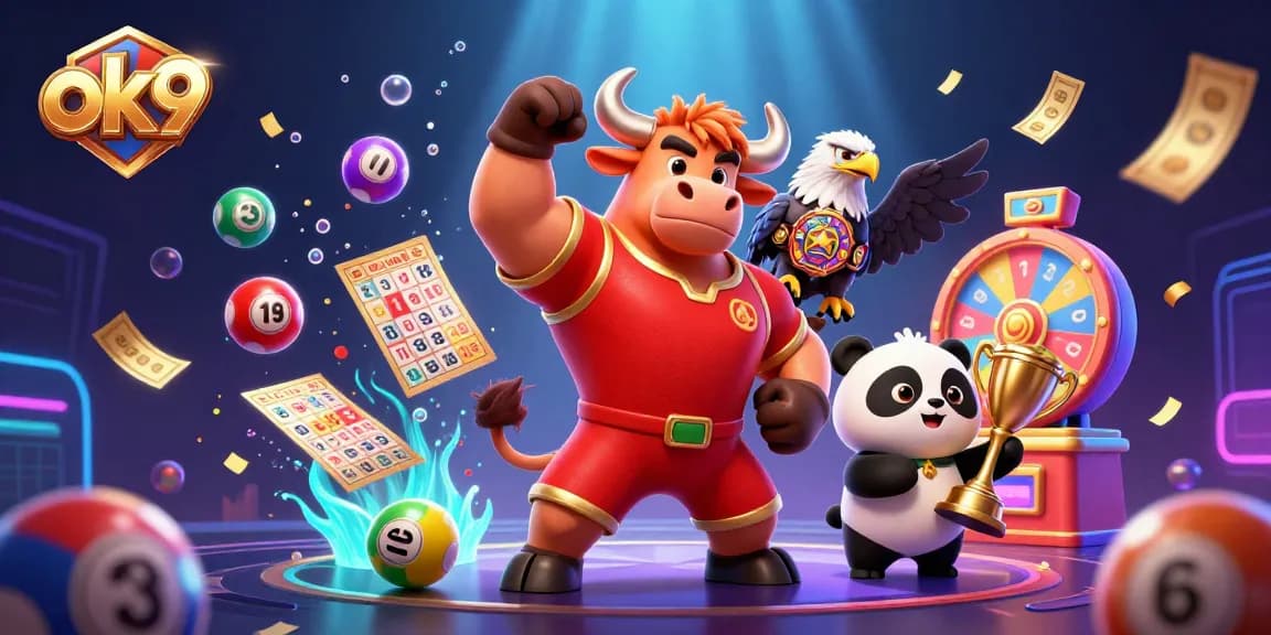 ok9 players celebrate wins with a vibrant 3D casino scene featuring a bull, eagle, and panda.