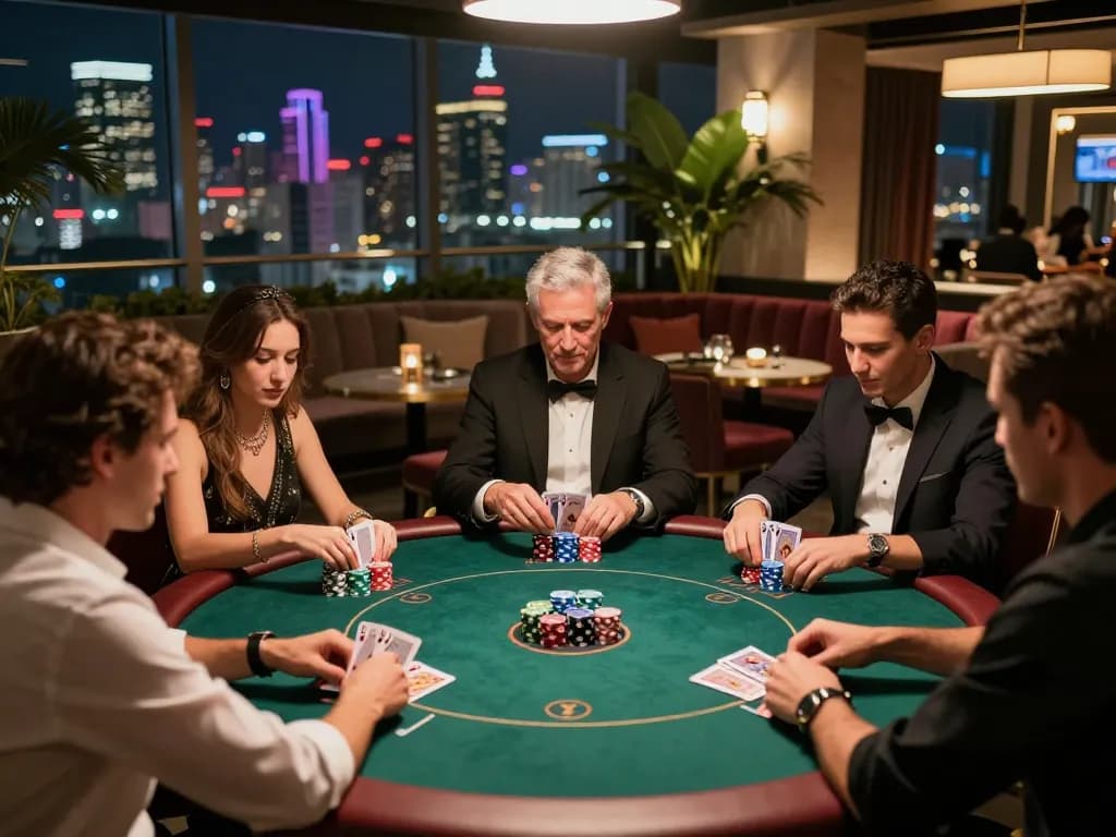 Players engaged in strategic poker gameplay at a glamorous rooftop lounge highlighting nohu 52 with city skyline.