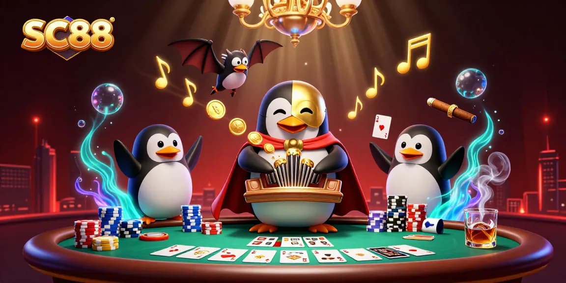 Experience thrilling SC88 poker action with a phantom opera penguin and vibrant game elements.