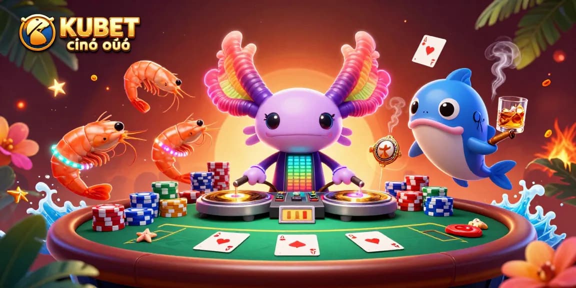 KUBET chính thức features an axolotl DJ and dancing shrimp, showcasing poker excitement in a vibrant 3D scene.