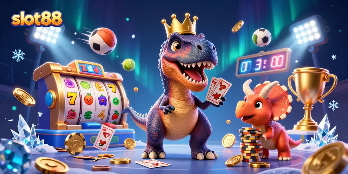 Slot88 menghadirkan T-Rex kartu, pterodactyl, dan triceratops menumpuk chip emas, penuh keseruan!