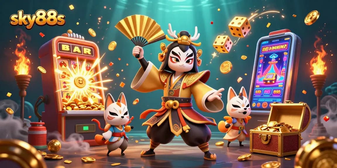Experience thrilling wins at sky88s with vibrant 3D casino illustrations featuring kabuki warriors and slot machines.