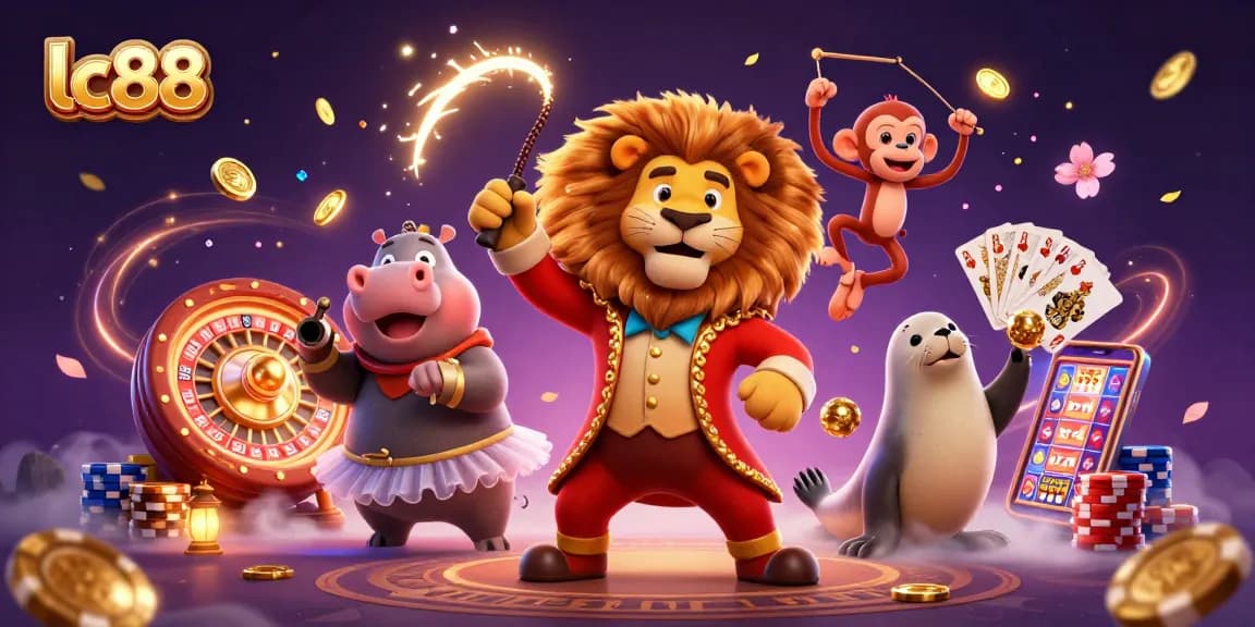 Engage with lc88 and spin the slot reels amidst vibrant circus characters in a casino adventure.