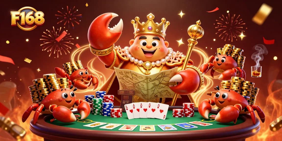Engage in thrilling gameplay with F168's vibrant casino scene featuring a golden crab emperor.