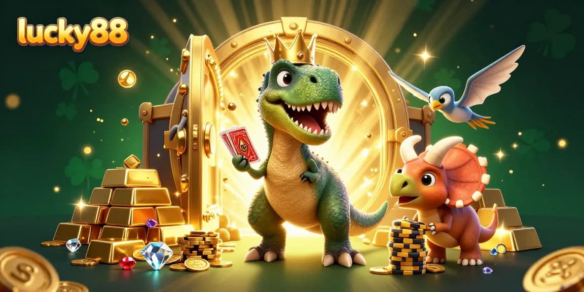 Experience lively gameplay at lucky88 with a T-Rex and friends amidst gold treasure and vibrant casino symbols.