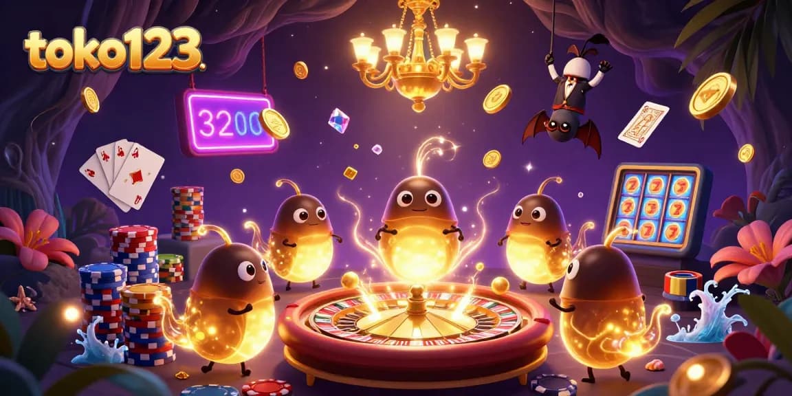 Engage with the vibrant casino scene at toko123, featuring cartoon glowworms and a bat dealer.
