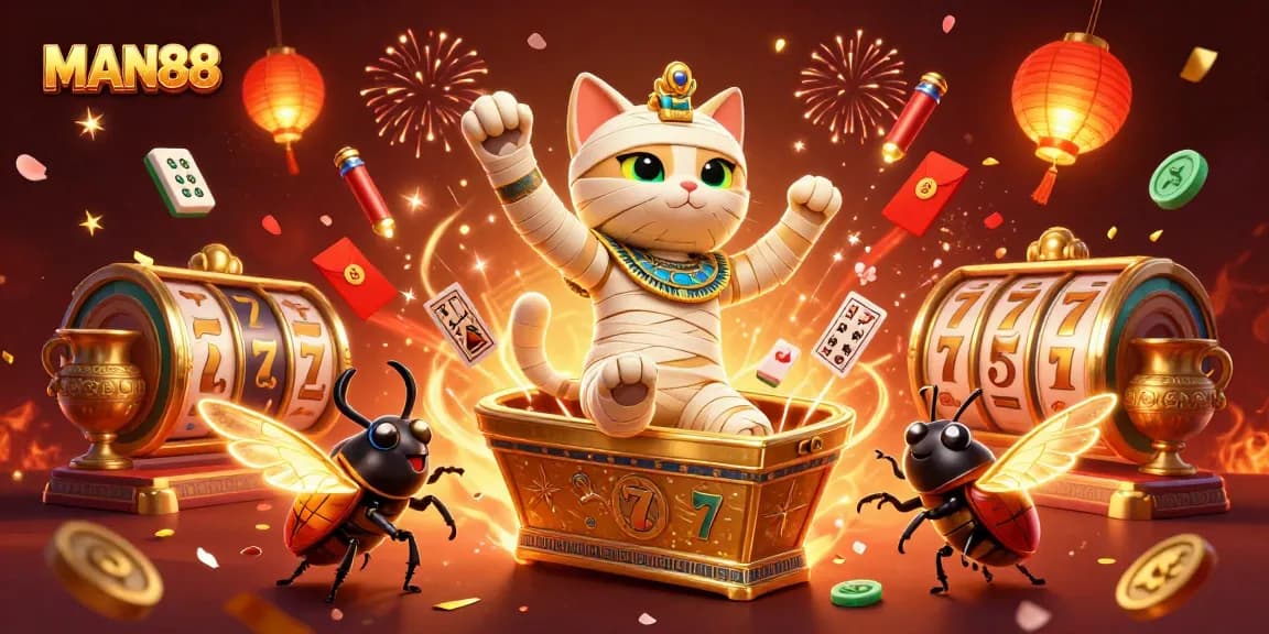 Experience the excitement of MAN88 with a vibrant casino scene featuring a mummy cat and slot reels spinning.