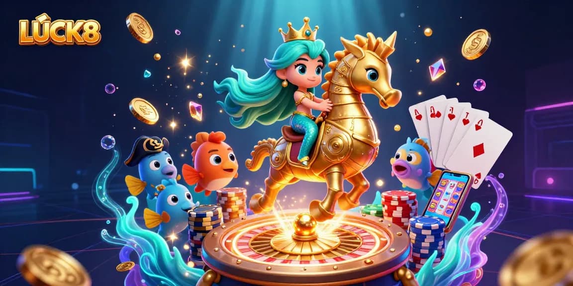 Engage with LUCK8's thrilling underwater casino scene featuring vibrant characters and dynamic game elements.