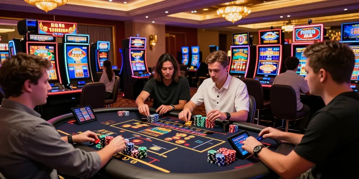 The vibrant scene of an online casino gaming room featuring players using credit cards at lively tables and colorful slot machines, embodying the essence of https://iis.org.uk's expert reviews in 2026