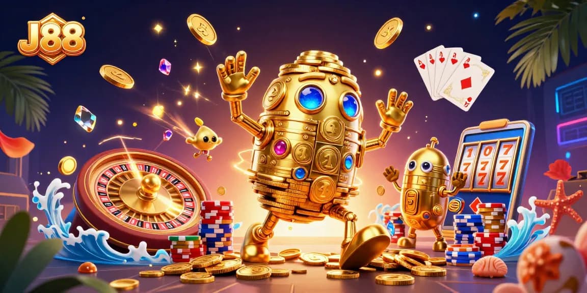 Spin and win with J88's engaging 3D casino illustration showcasing dynamic gaming elements.