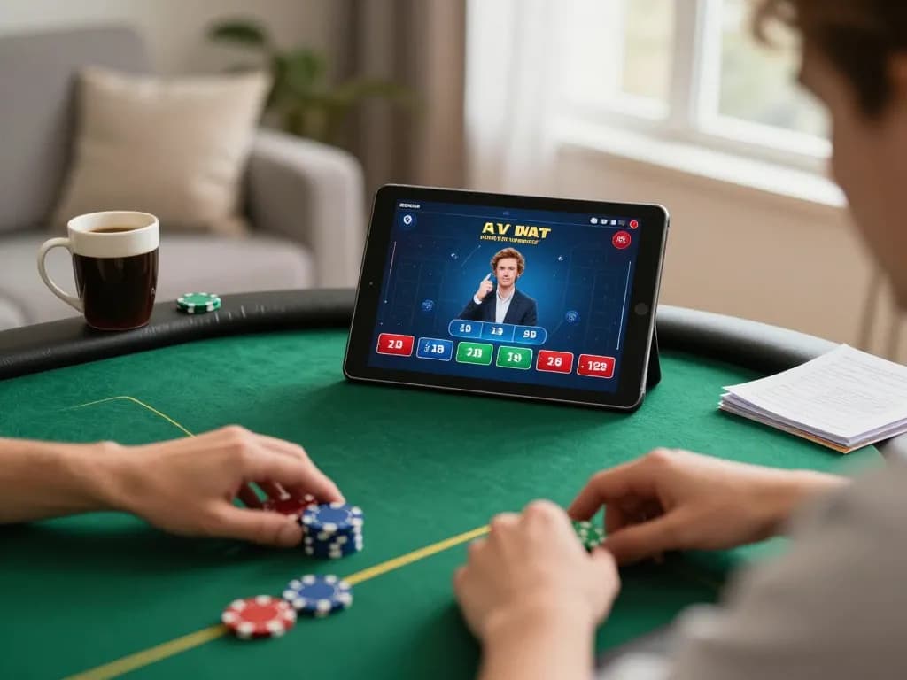 Sunwin online poker player interacting with live dealer, showcasing responsible gaming atmosphere and strategy.
