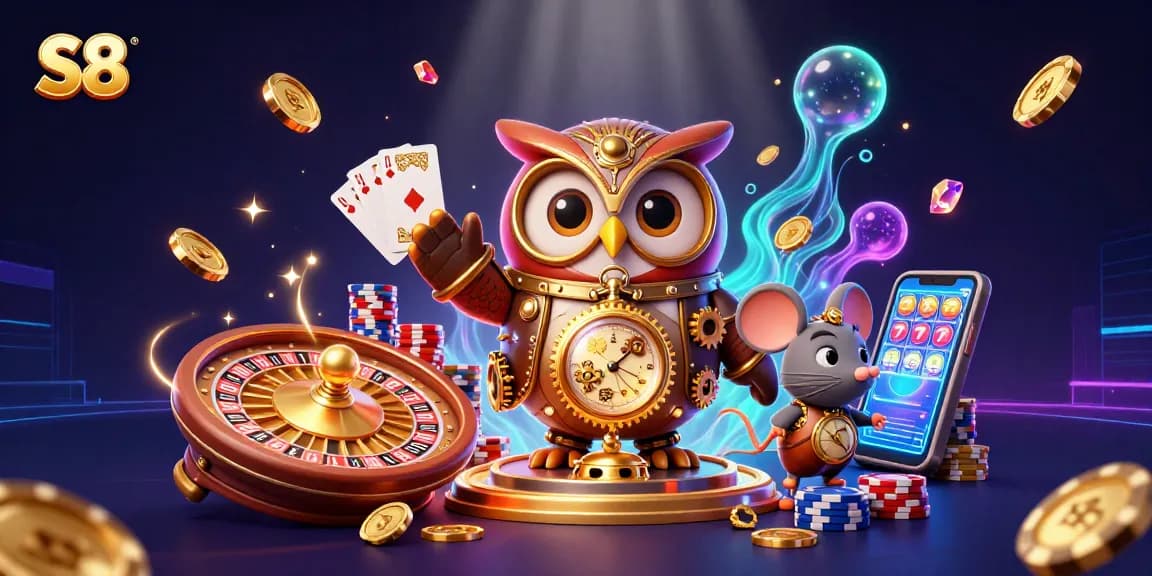 Experience thrilling gameplay with S8's vibrant casino illustration featuring an adventurous owl and dynamic game elements.