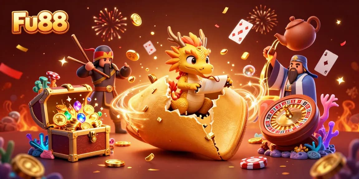 Fu88 engages players with a rich casino experience featuring a golden fortune cookie and dynamic elements.