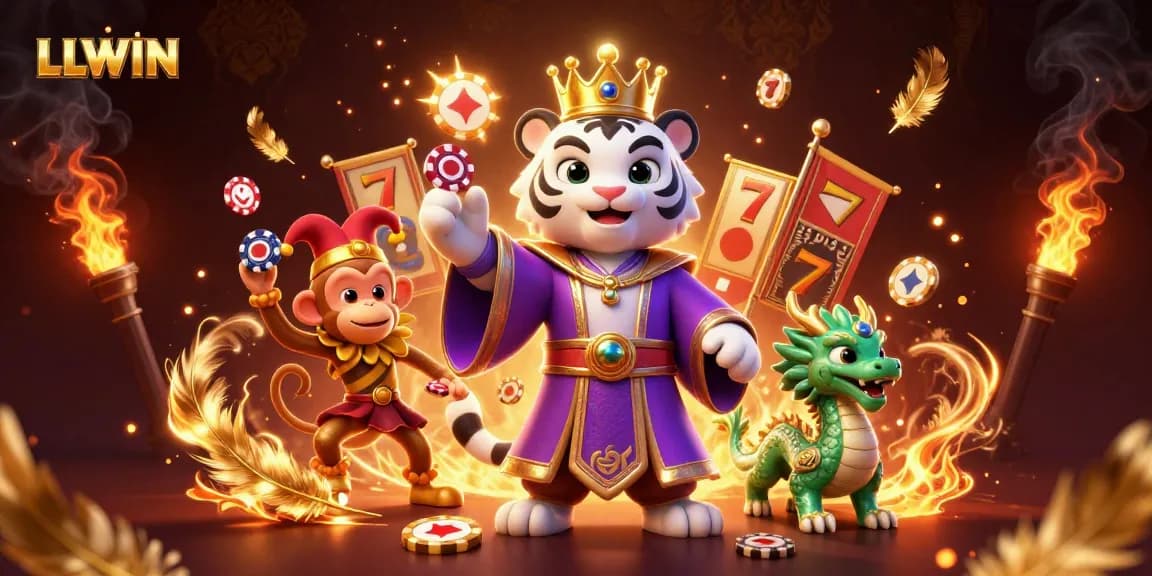 Play and win at LLWIN with an epic casino scene featuring a regal tiger and a juggling monkey.
