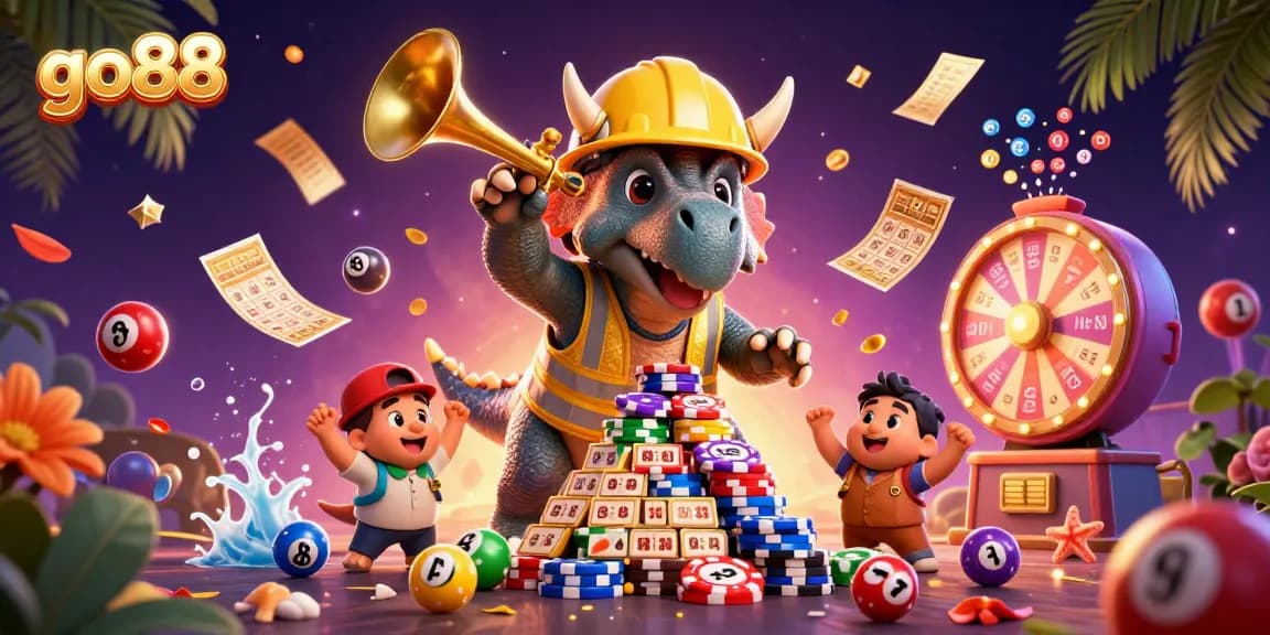 Experience go88 excitement with a triceratops building poker chip towers amid vibrant casino-themed elements.