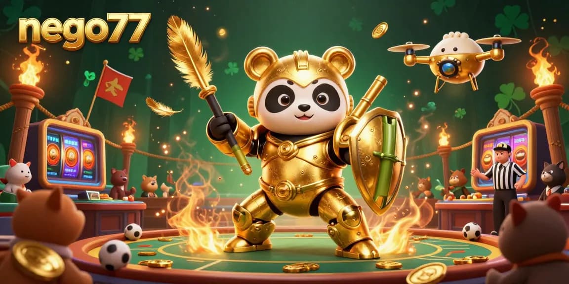 Engage with the dynamic casino arena showcasing nego77, where a golden panda battles in a bamboo robot amid dramatic betting elements.