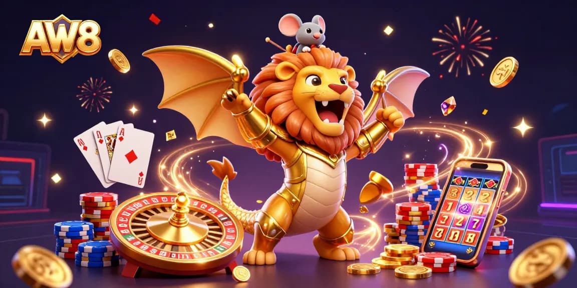 AW8 showcases a victorious chimera creature with a mouse jockey amidst lavish casino elements, highlighting a dynamic gaming atmosphere.