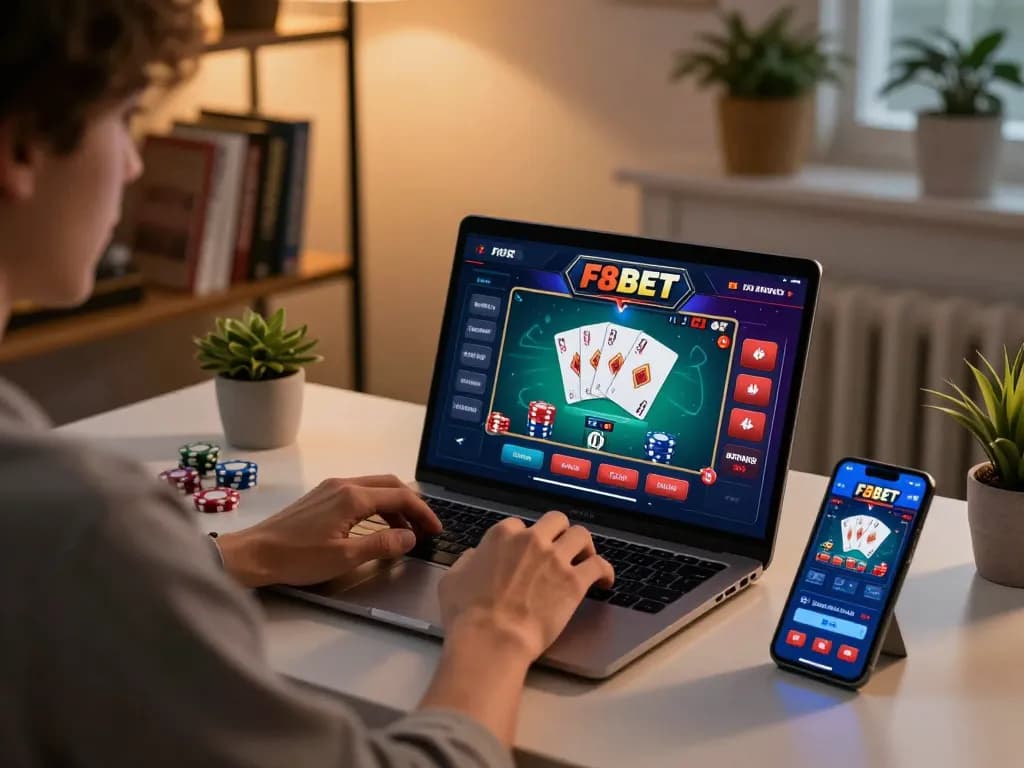 Engaged player at home betting on F8BET mobile app with laptop gaming interface.