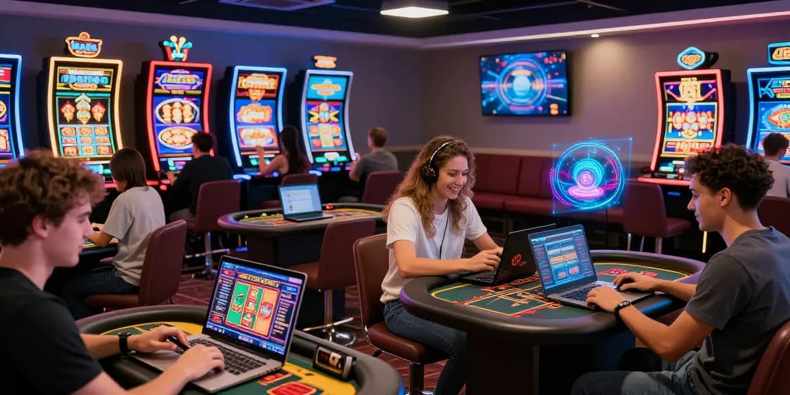 Players engaging with non UK casinos, showcasing vibrant online gambling games in a lively setting.