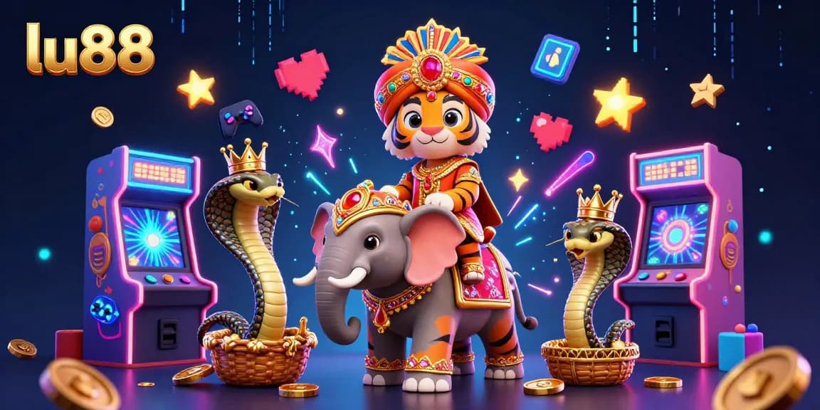 Play thrilling games at lu88 with vibrant 3D visuals featuring tiger and elephant in dynamic casino setting.