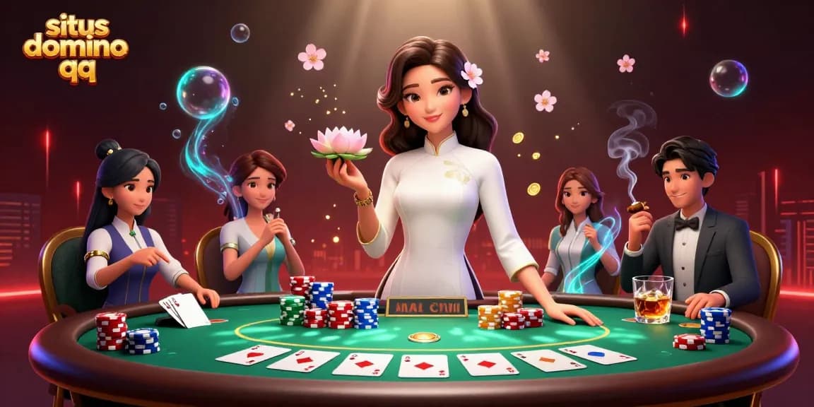 Experience the excitement at situs domino qq with a stunning 3D illustration showcasing poker and vibrant casino elements.