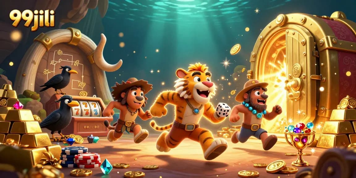 Experience thrilling action at 99jili with vibrant characters in a casino scene full of excitement and treasures!