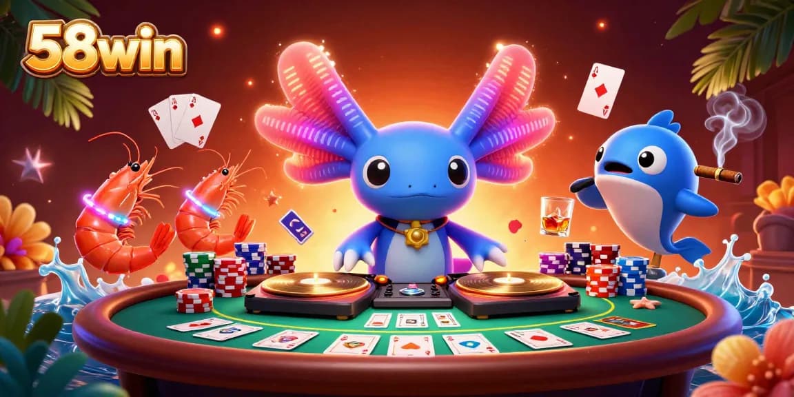 Experience thrilling online gambling at 58win with vibrant axolotl DJ and dynamic poker action.