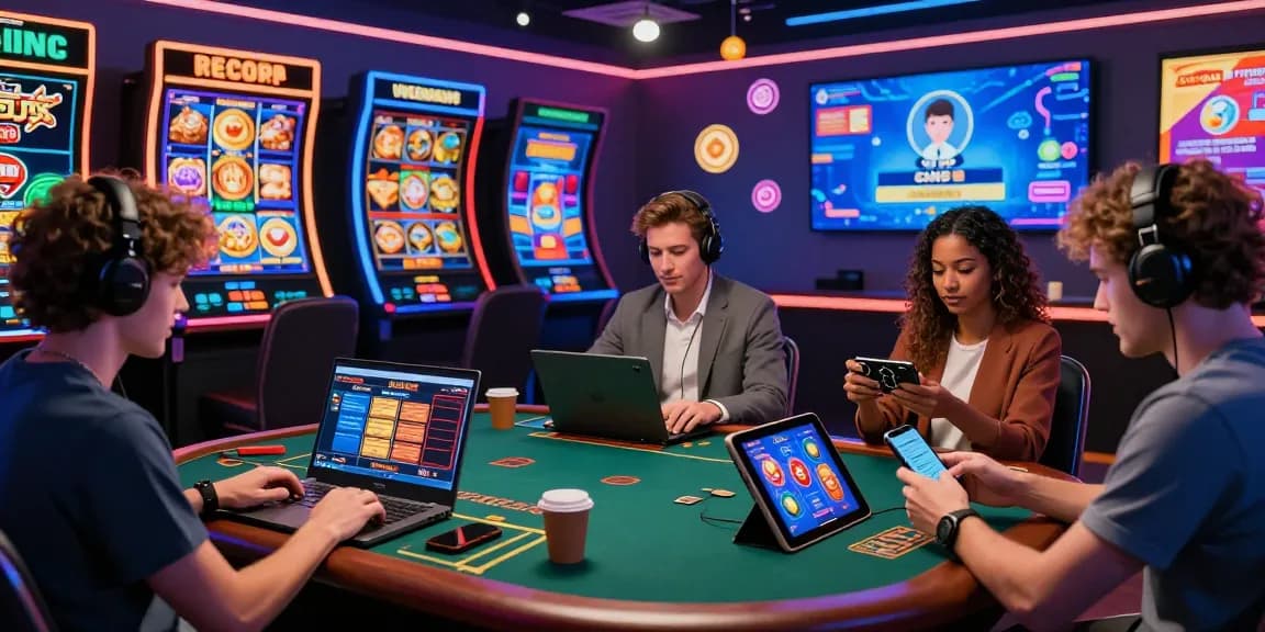 Explore the vibrant world of non-UK casinos at https://tootingpharmacypractice.co.uk/, featuring players engaged in live dealer games and digital research.