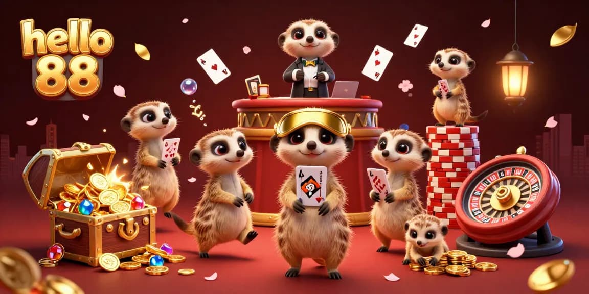 Experience thrilling action at hello 88 with meerkats operating a lively casino in this vibrant 3D illustration.