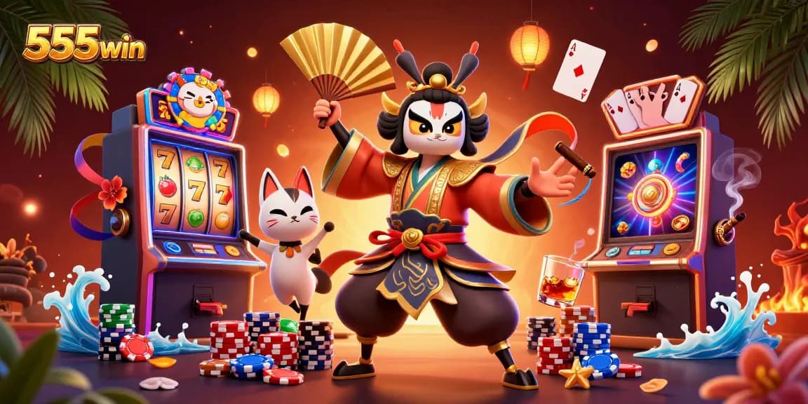 Engage in thrilling gameplay with 555win's vibrant slot machines, poker chips, and exciting casino atmosphere.