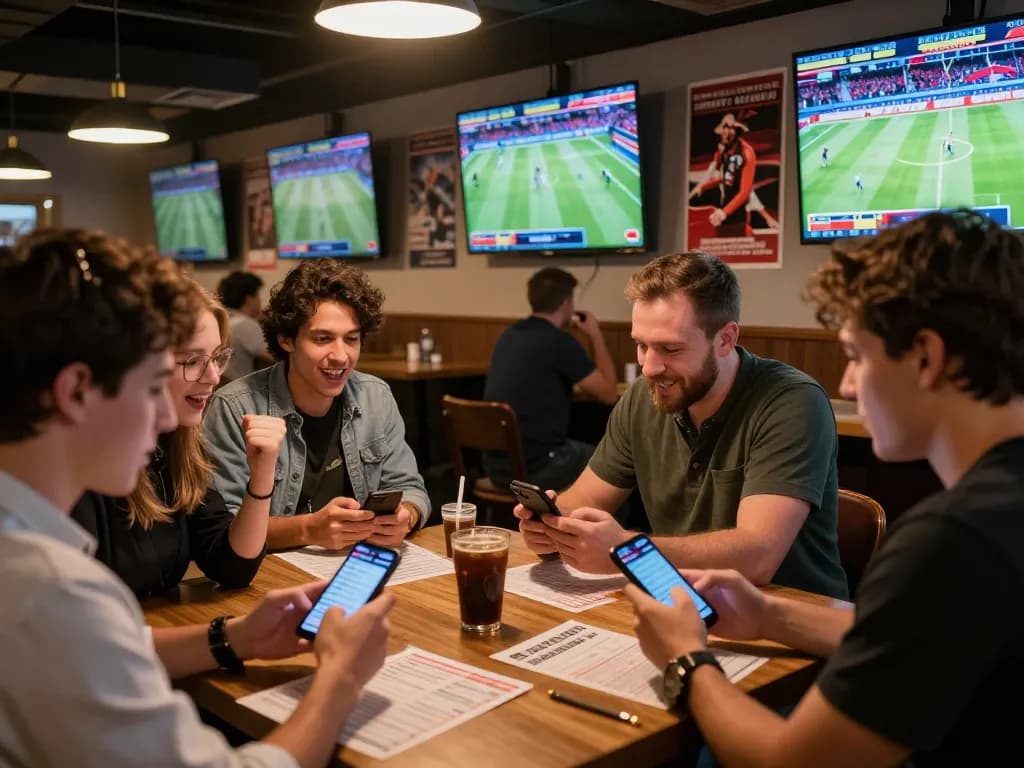 Engaged sports bettors analyzing odds and placing bets using their smartphones on keo nha cai hom nay.
