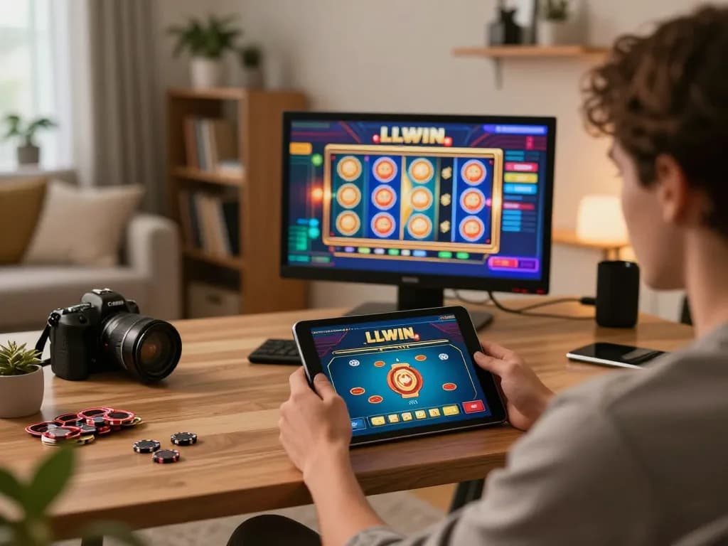 Engaged player enjoying LLWIN download on tablet in cozy home setting with strategic gaming.