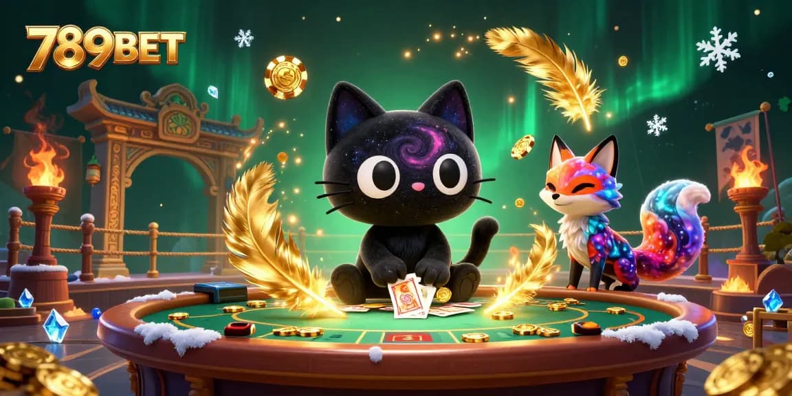 Embrace the cosmic allure of 789BET as a cartoon black hole cat pulls in golden chips at a lively casino.