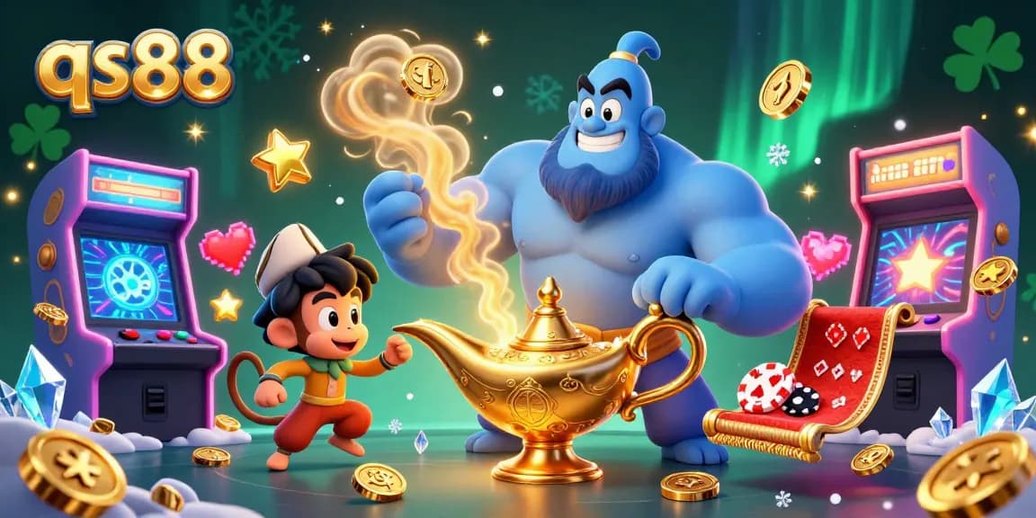 Engage with qs88 through a vibrant 3D casino scene featuring a muscular genie, a monkey, and a magic carpet.