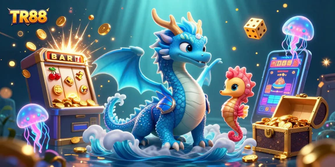 Spin and win big with TR88, a vibrant 3D casino scene featuring a slot machine and ocean-themed characters.