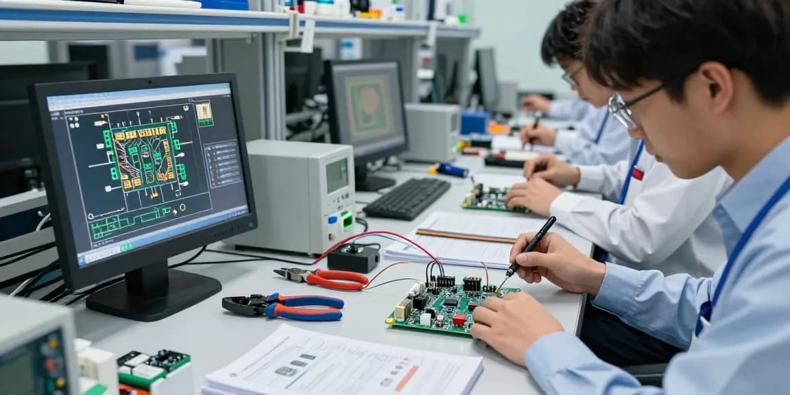 Engineers assembling wire connectors terminals in a modern electronics lab.