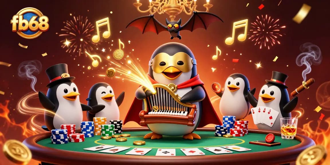 Experience thrilling action with fb68 as the penguin plays the organ, surrounded by poker elements.