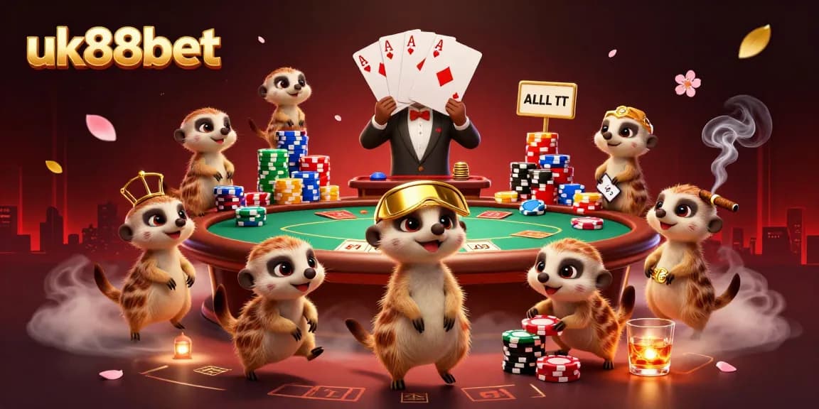 Engage with uk88bet as meerkats run a bustling casino operation amidst vibrant game elements.