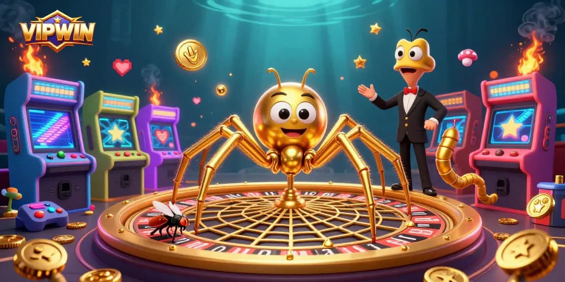 Experience thrilling bets at VIPWIN with a golden roulette web and animated characters.