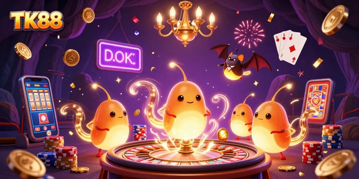 Win big at TK88 with vibrant casino action illuminated by glowing glowworms and cascading gems.