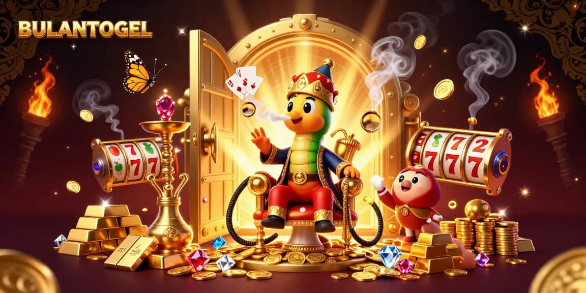 BULANTOGEL showcases a vibrant 3D scene with a hookah-master amidst spinning slots and treasures.