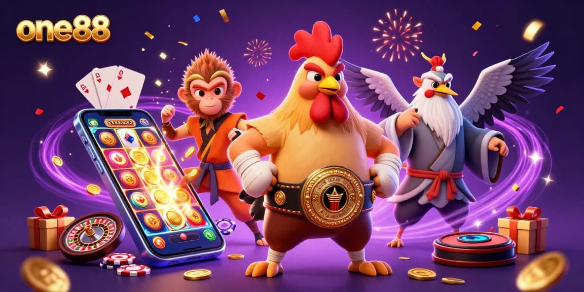 one88 showcases a vibrant 3D scene of unique characters celebrating casino excitement with games, coins, and energy.