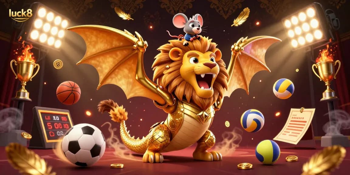 Elevate your game with luck8, showcasing a vibrant casino scene filled with dynamic sports elements and a roaring chimera.