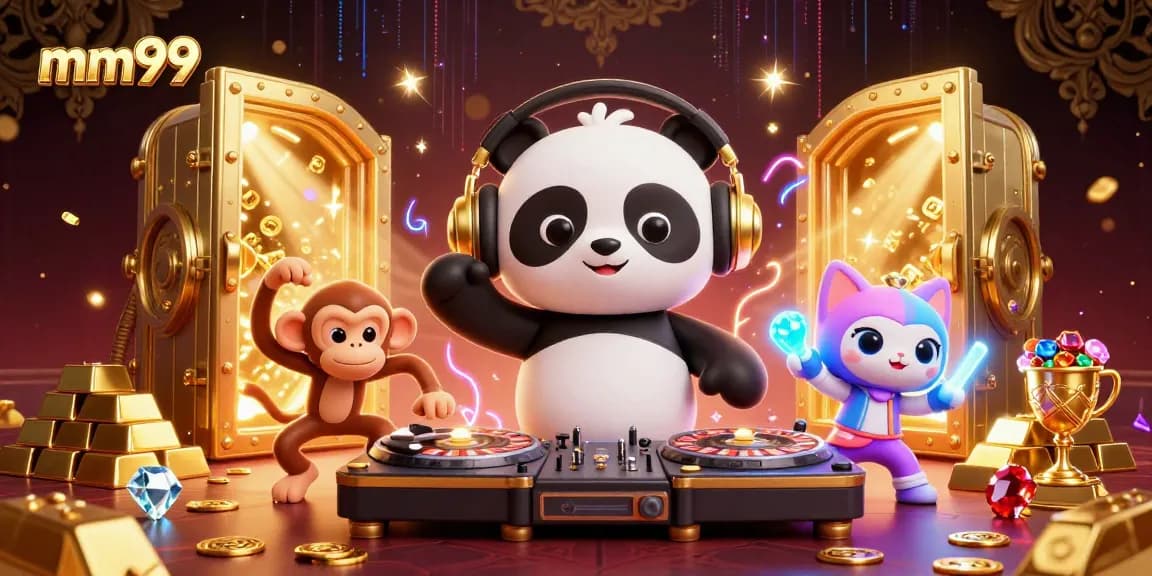 Spin and win at mm99 with a DJ panda and vibrant casino scene filled with treasures.