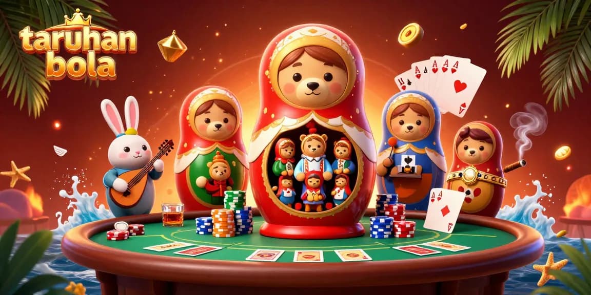 Engage in taruhan bola with vibrant casino scene featuring cartoon bears and poker elements.