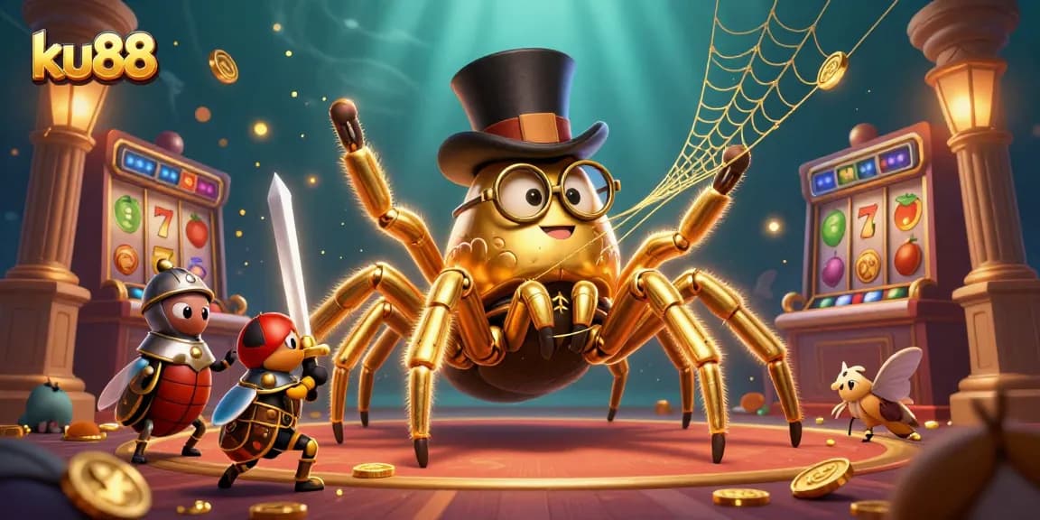 ku88 showcases a magical casino scene with a golden tarantula and beetle knight among vibrant slots and gold coins.
