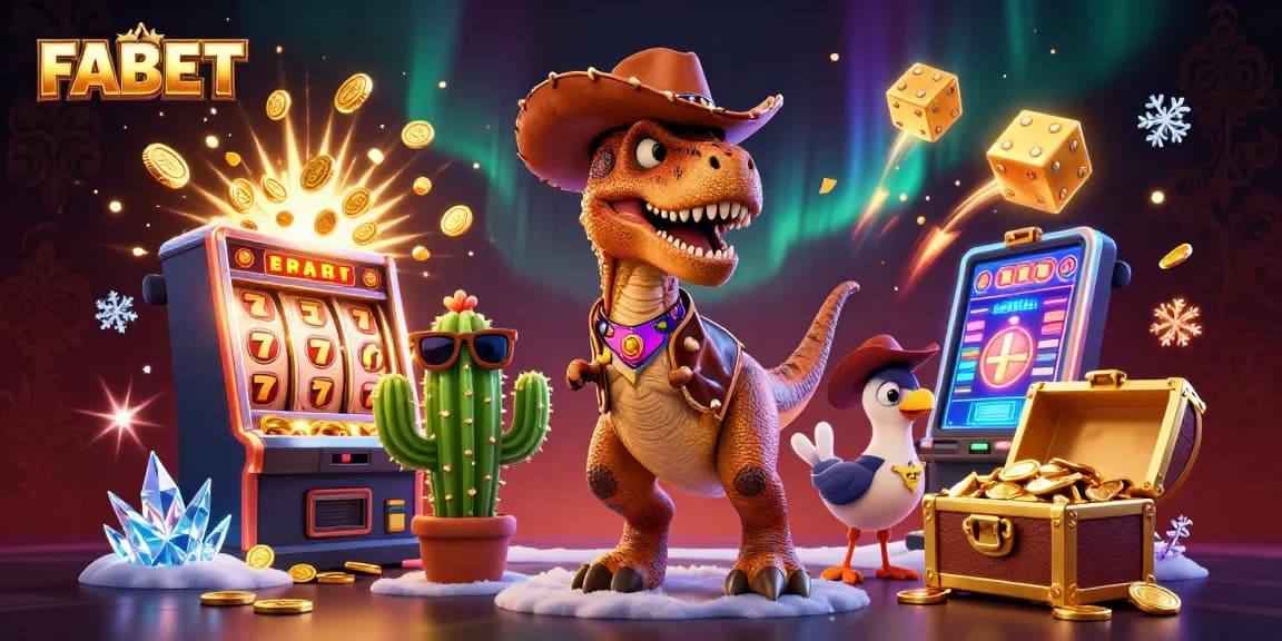 Join the fun at FABET with a vibrant casino scene featuring a T-Rex and slot machines!
