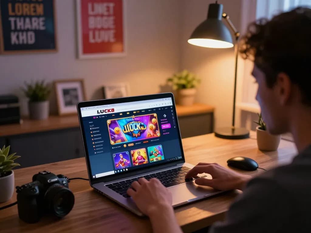 Player immersed in online casino gaming on LUCK8 com trang chủ, showcasing a vibrant home office atmosphere.