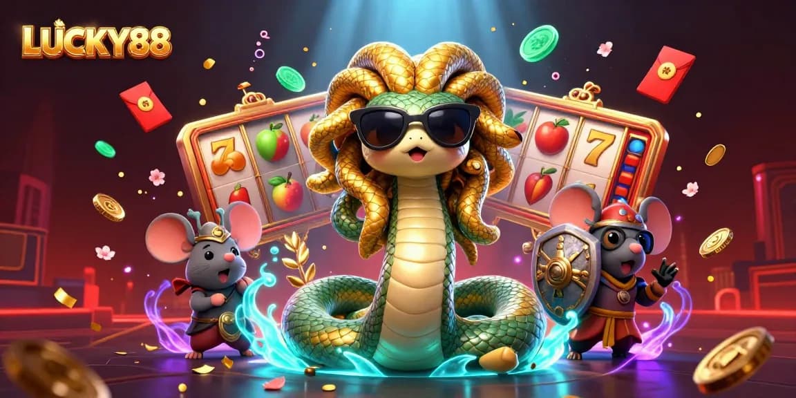 Experience the thrill of LUCKY88 with Medusa and a warrior mouse amidst a vibrant casino scene.